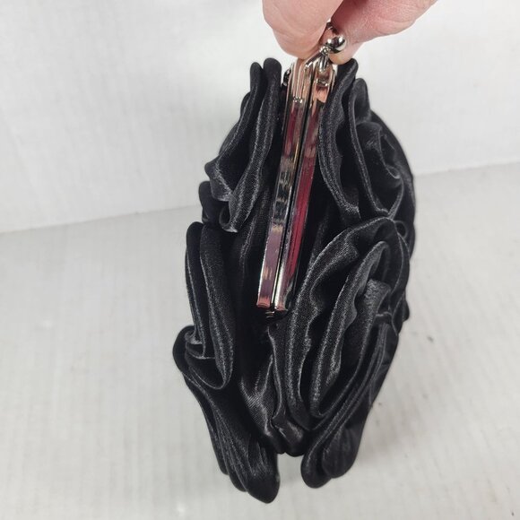 Black Satin Rose Classic Elegant Rhinestone Silver Handle Triangle Clutch Purse - Picture 7 of 8